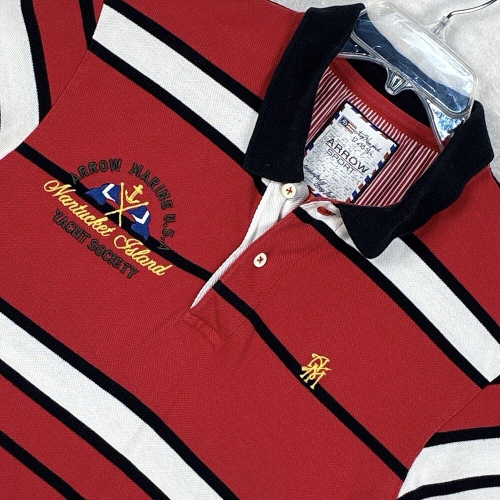 VTG Arrow Sport Polo Shirt Men L Red White Striped Yachting Embroidered Preppy